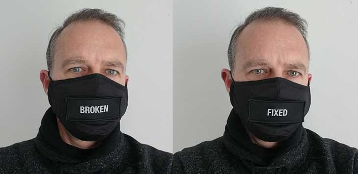 Photos of Dabbsy wearing a black mask that bears the text mottos 'Broken' and 'Fixed' at the front.