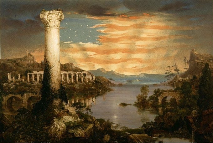 A paiting of classical ruints, marble columns and reflected moonlight, set before a sunsetting sky that resembles the civil war flag of the Union.