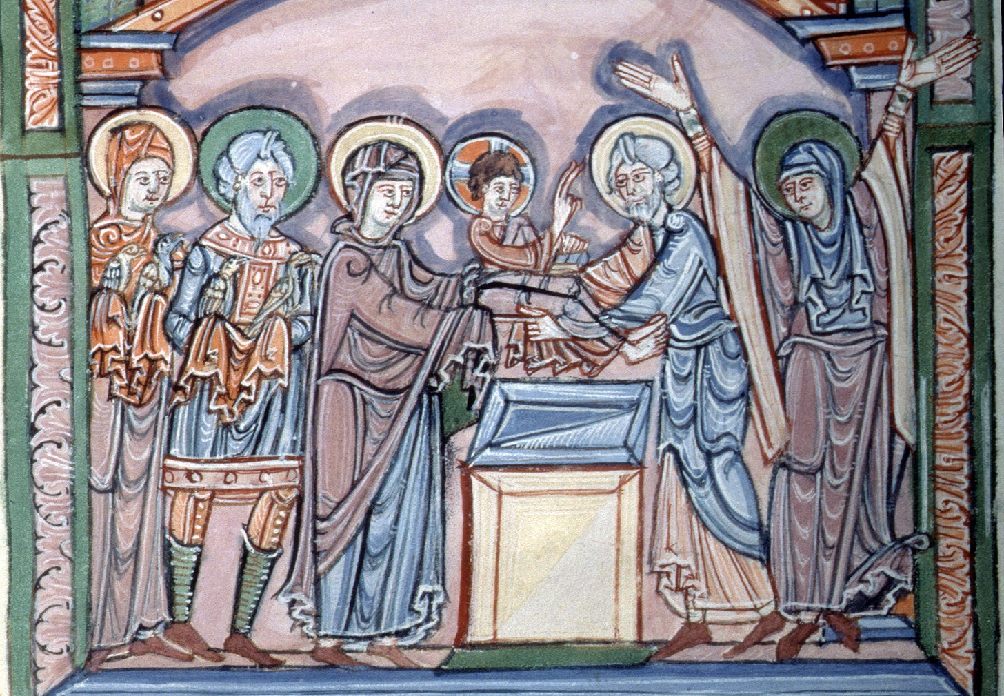 Figure 2. Presentation scene in the Mont-Saint-Michel Sacramentary (Normandy, 1050-1065). New York, Morgan Library, M.641, fol. 18r.