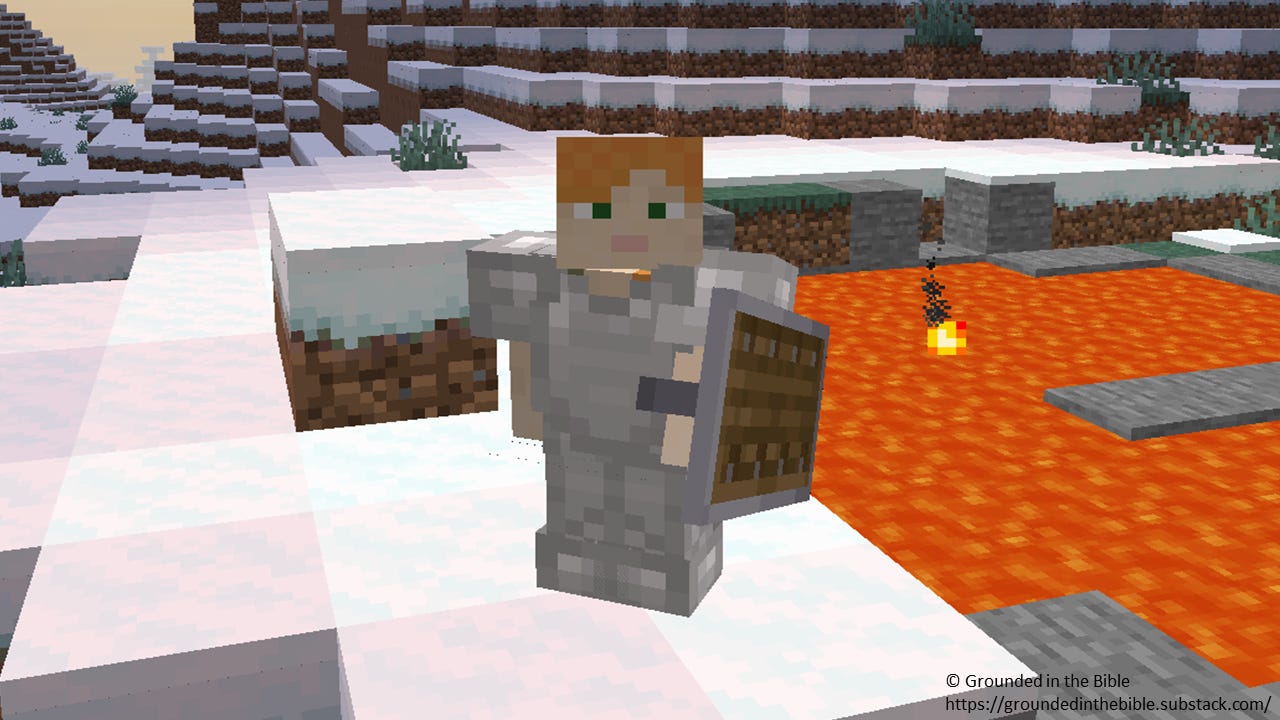 A Minecraft character stands on snowy ground overlooking a lava pool. He is wearing armor that includes a chestpiece, leggings, and boots. He carries a shield.