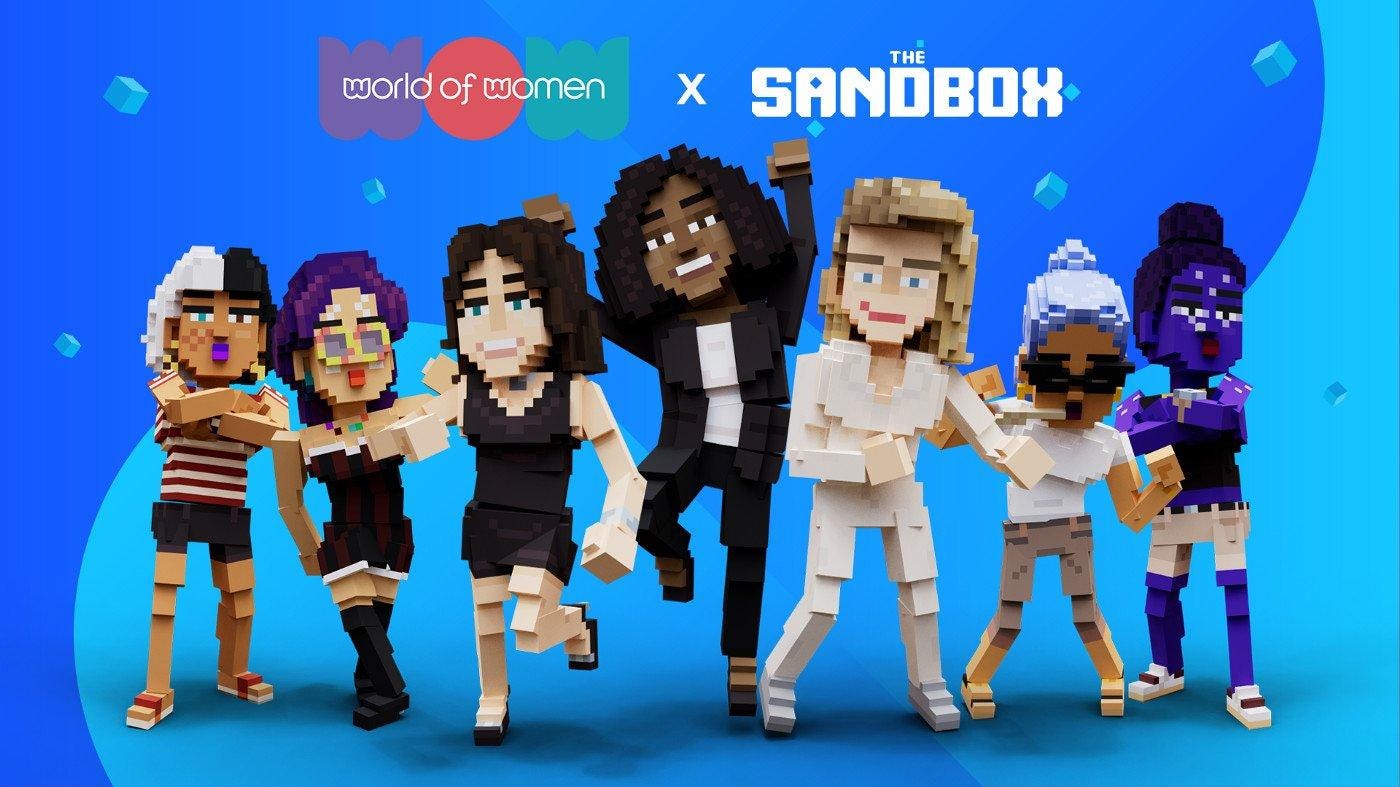 Poster for World of Women x The Sandbox partnership featuring voxelized WoW NFTs