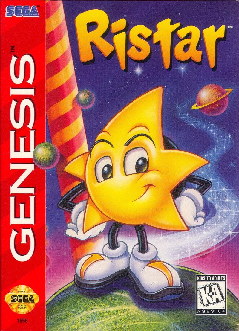 An image of Ristar's Genesis box art, featuring planets in the background and Ristar in the foreground