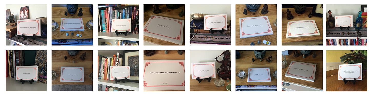 A collage of 16 photos of Lojong slogan cards on display on various surfaces