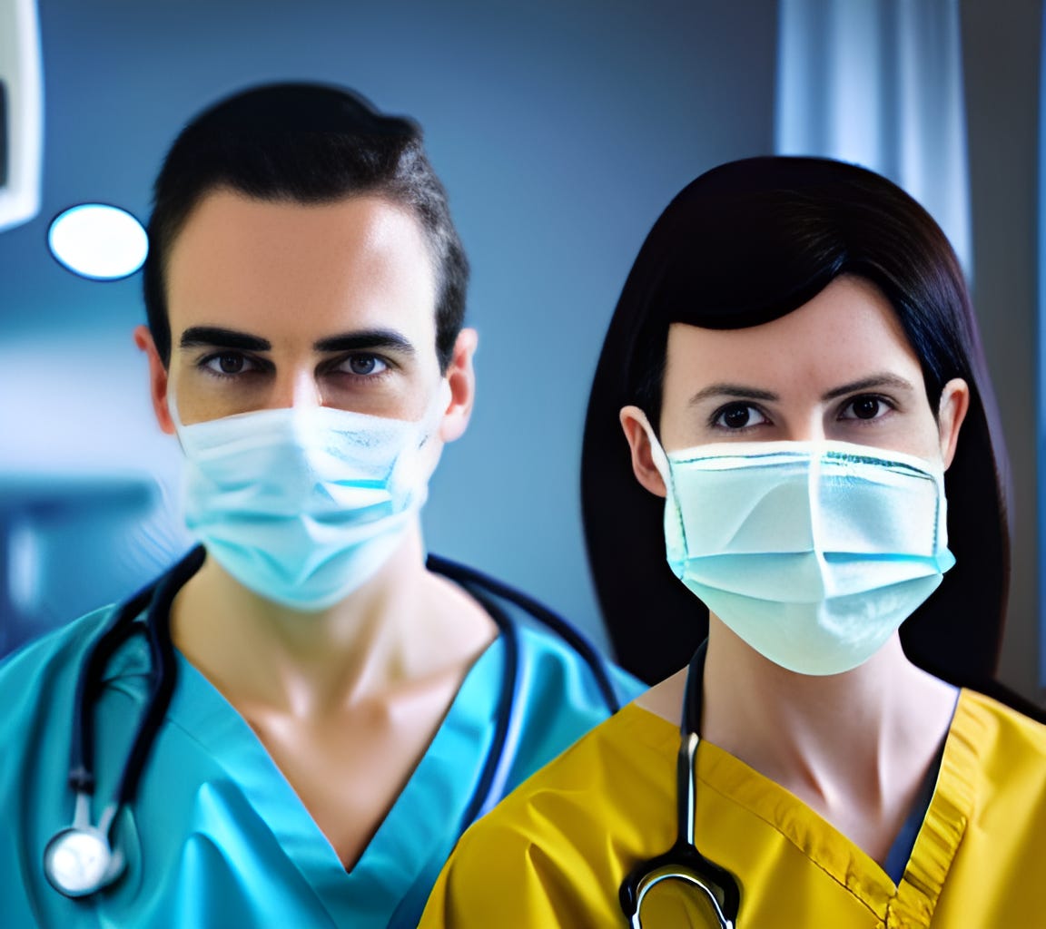 Portrait photo of two medics wearing face masks generated by AI based on a starting image