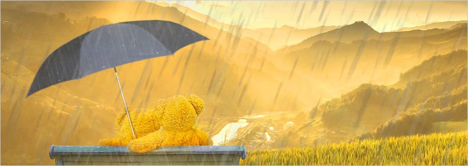 Two teddybears under an umbrella look out over a beautiful landscape while it rains.