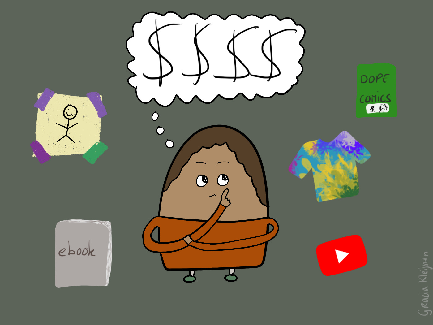 The Blob thinking about side hustle money. The Blob is wearing its normal attire: an orange longsleeve, this time with greyish pants and green shoes. On the left a yellow stickie note with a stick figure, stuck on the wall with multi-colored pieces of tape. Lower-left corner: a grey ebook. Top-right: dope comics. Below that a multi-colored shirt with a flowery print and a YouTube logo.