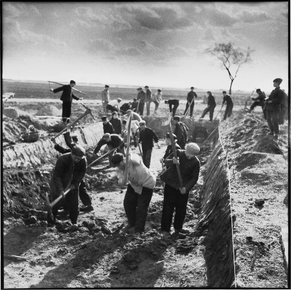 Farmers at the Liaodian Commune in the northeastern province of Heilongjiang work together to build a public-owned pigsty in 1965. 