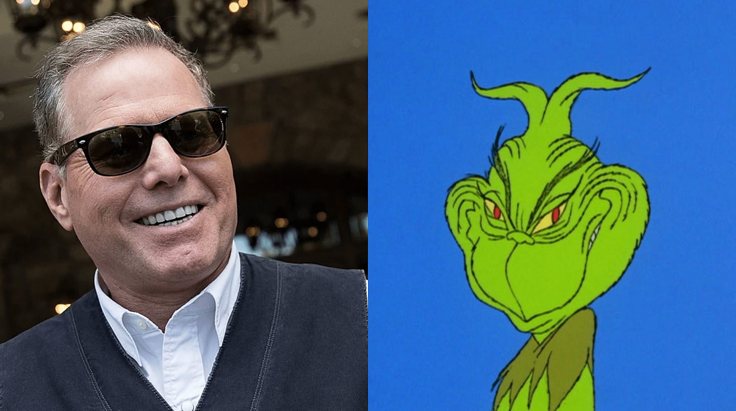 Two photos side by side: Left, David Zaslav wearing sunglasses and smiling. Right: the animated Grinch from "How the Grinch Stole Christmas" smiles a very sinister smile