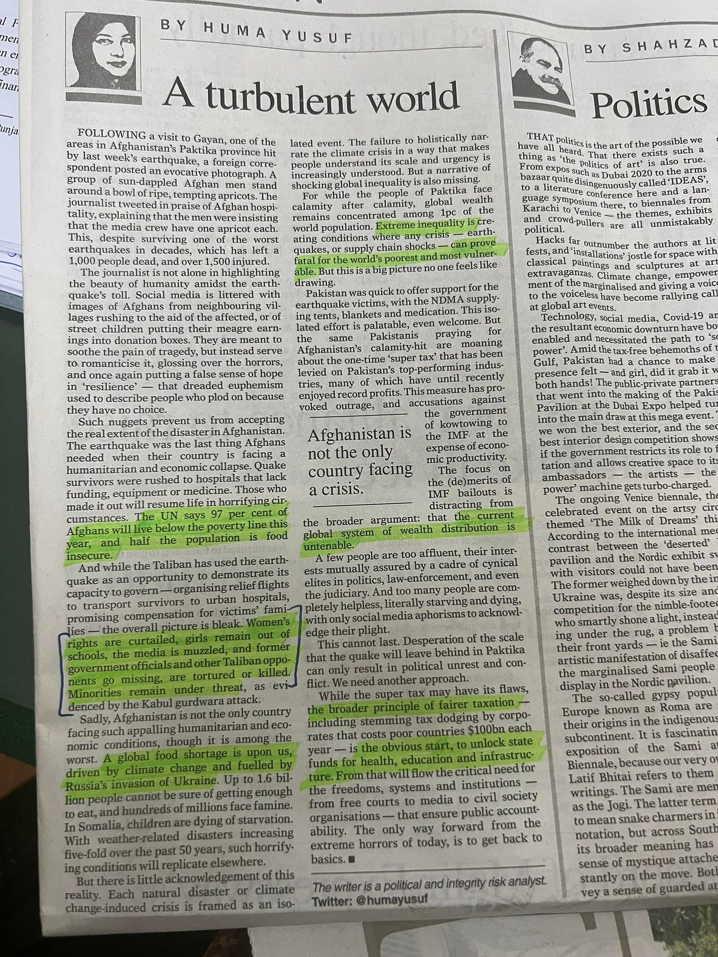 May be an image of text that says "F eh BY 87 nar, HUMA YUSUF nja FOLLOWING BY SHAHZA A turbulent world failure ina aytha Politics S Paki: Ûfnisan not country crisis. broader them only forward from horrors today, climate political and ntegrity analyst notation, South broader meaning sense mystique tache stantly the Bot parded"