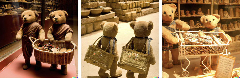 teddy bears shopping for groceries in ancient Egypt