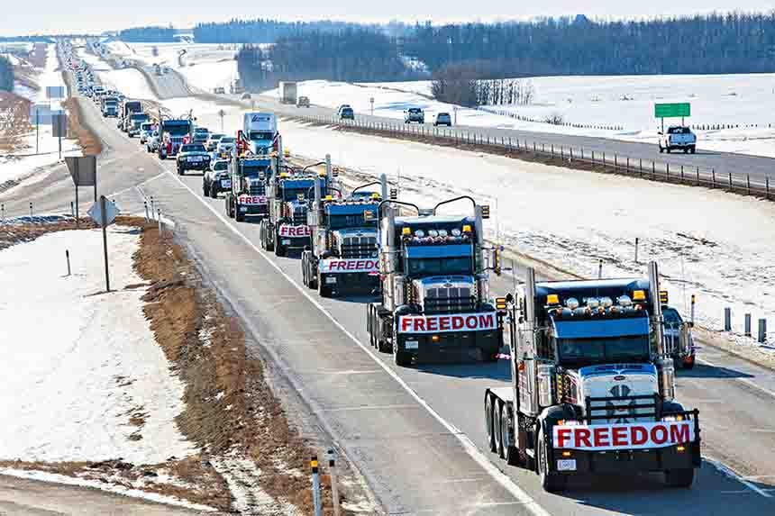 Truk-truk dari Freedom Convoy 2022 Lintas Kanada.