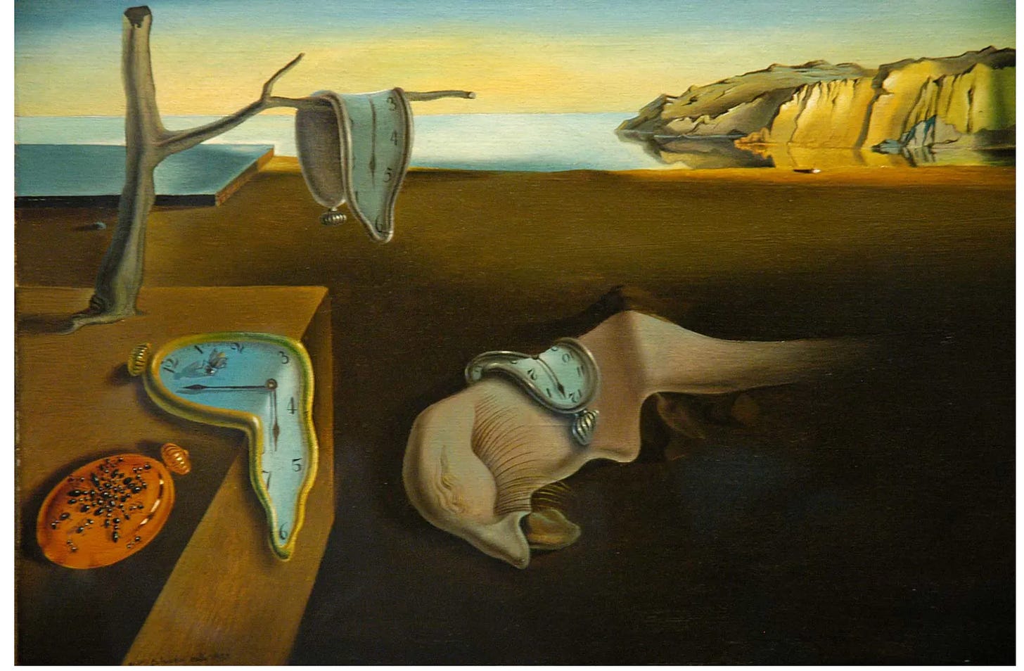 Salvador Dalí’s “The Persistence of Memory” surrealist painting shows melting clocks, a stopwatch crawling with ants, a dead tree, part of a melted face over a rock and cliffs and water in the background in muted earth tones.