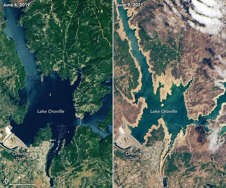 This satellite image shows how full Lake Oroville was in June 2019 and how shallow and dry it is in June 2021.