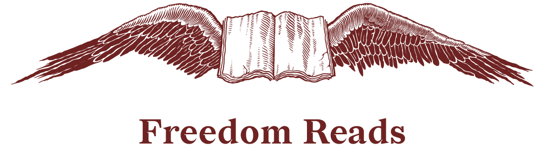 Logo for the organization "Freedom Reads" featuring the image of an open book with wings