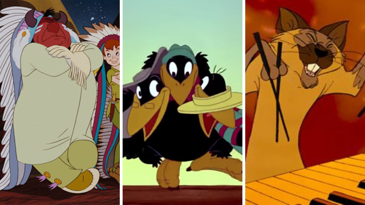 A collage of three problematic characters. A stereotypical Native chief from Peter Pan, minstrel show crows from Dumbo, and a Siamese cat playing the piano with chopsticks from The Aristocats.