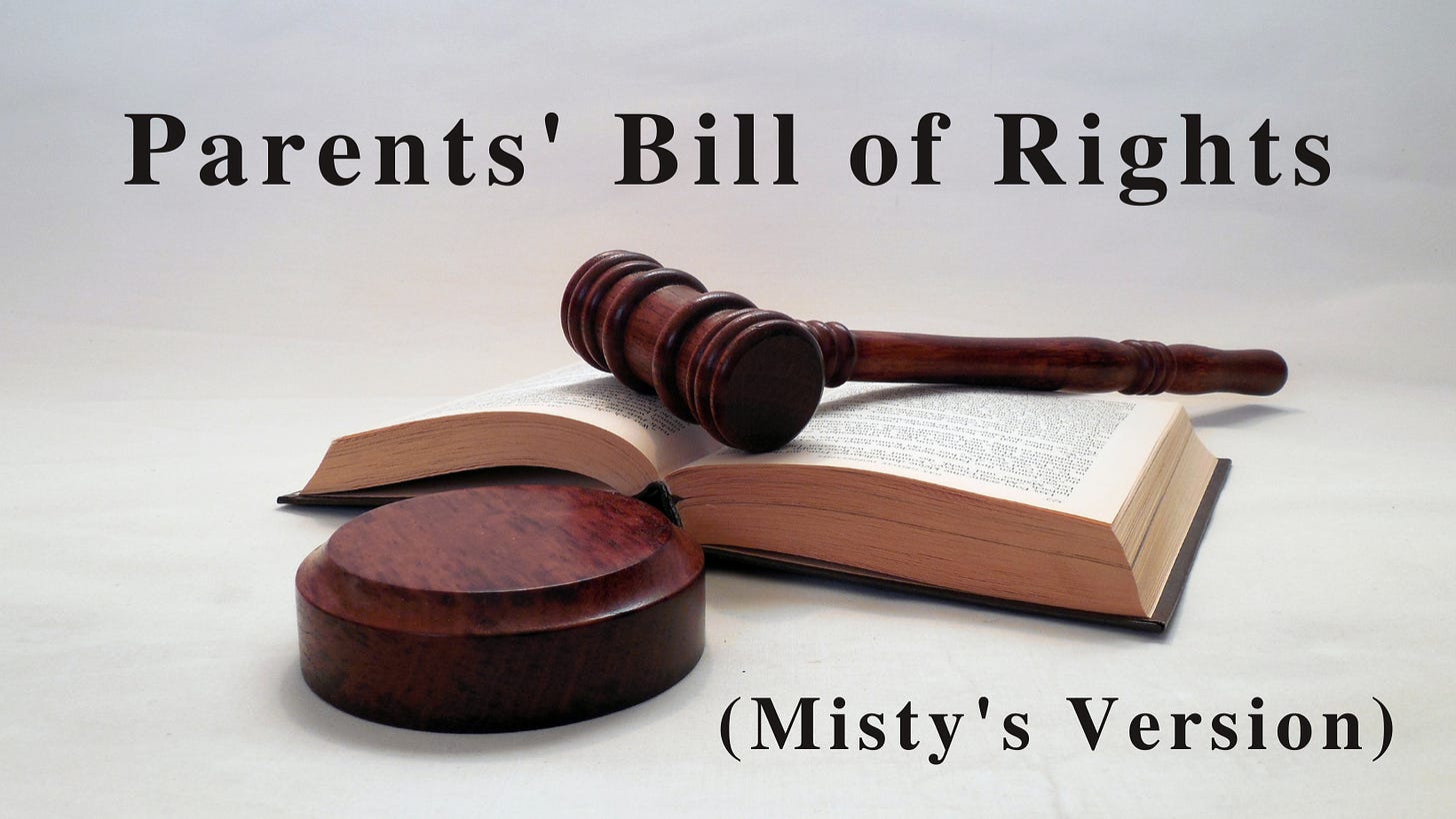 A wooden gavel rests on an open book beside a round sounding block of the same dark brown stained wood type. The image is captioned in black serif font 'Parents' Bill of Rights (Misty's Version).