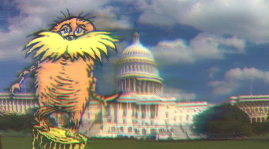 Illustration of The Lorax from Doctor Seuss in front of a photo of the Capitol Building.