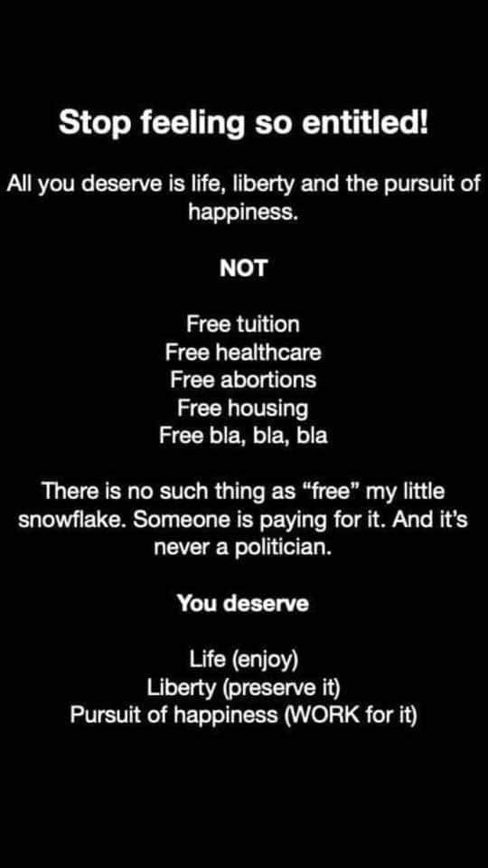May be an image of text that says 'Stop feeling so entitled! All you deserve is life, liberty and the pursuit of happiness. NOT Free tuition Free healthcare Free abortions Free housing Free bla, bla, bla There is no such thing as "free" my little snowflake. Someone is paying for it. And it's never a politician. You deserve Life (enjoy) Liberty (preserve it) Pursuit of happiness (WORK for it)'