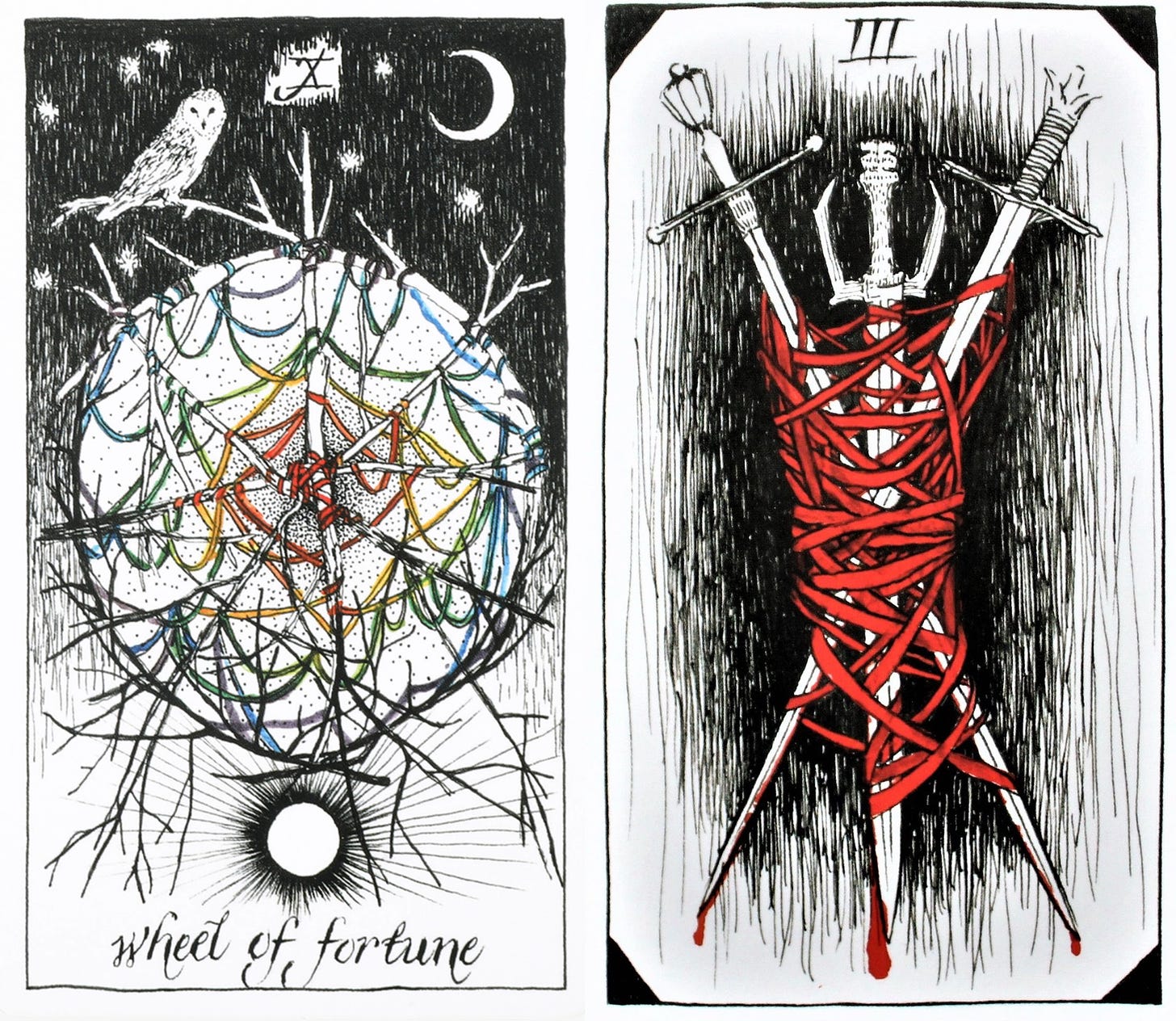 Two tarot cards: The Wheel of Fortune (on the left) and The 3 of Swords (on the right) from The Wild Unknown Tarot deck. The Wheel of Fortune card features a rainbow colored web of woven threads between 4 branches that are tied together to make a dreamcatcher. An owl is perched on top of the web, the moon is at the top of the card, the sun is at the bottom of the card. The 3 of Swords features 3 swords, bound together by red thread.
