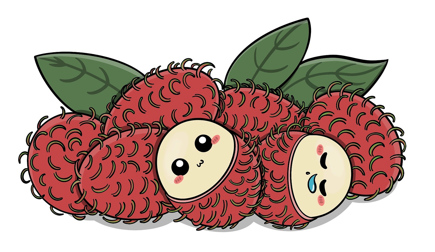 Cartoon illustration of rambutans, some with faces.