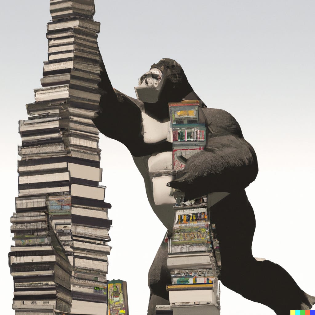 An impressionistic artwork of a large ape climbing two towers made of textbooks, generated by DALL-E the latest generation of AI image generators