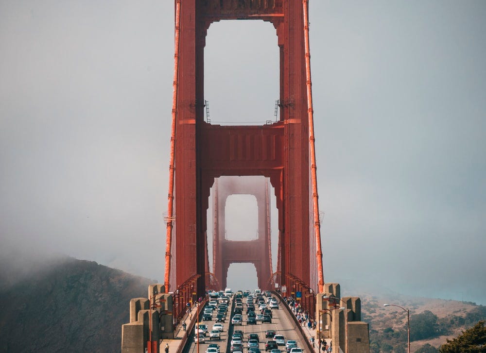 lot of vehicle on Golden Gate Bridge