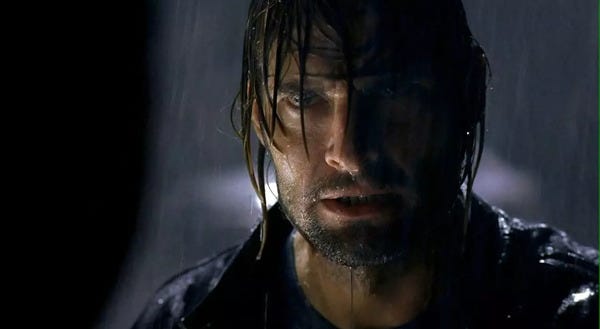 A closeup shot of John "Sawyer" Ford (Josh Holloway) in the rain. He's broodin' like nobody's business, darlin'.