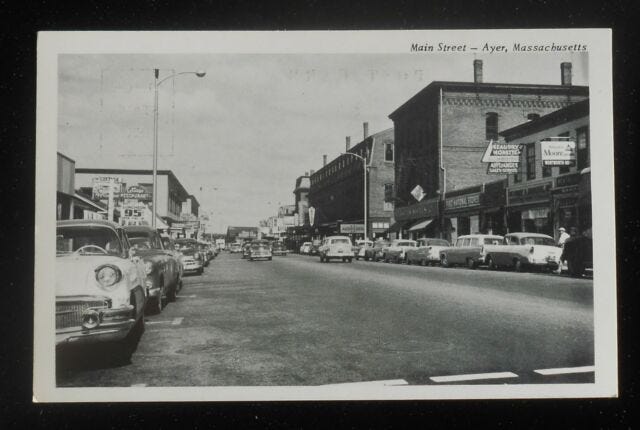 1950s Main Street Old Cars Stores Signs Ayer MA Middlesex Co Postcard | eBay