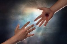 This contains an image of: Hand of christ reaching down from heaven to grab the hand of man