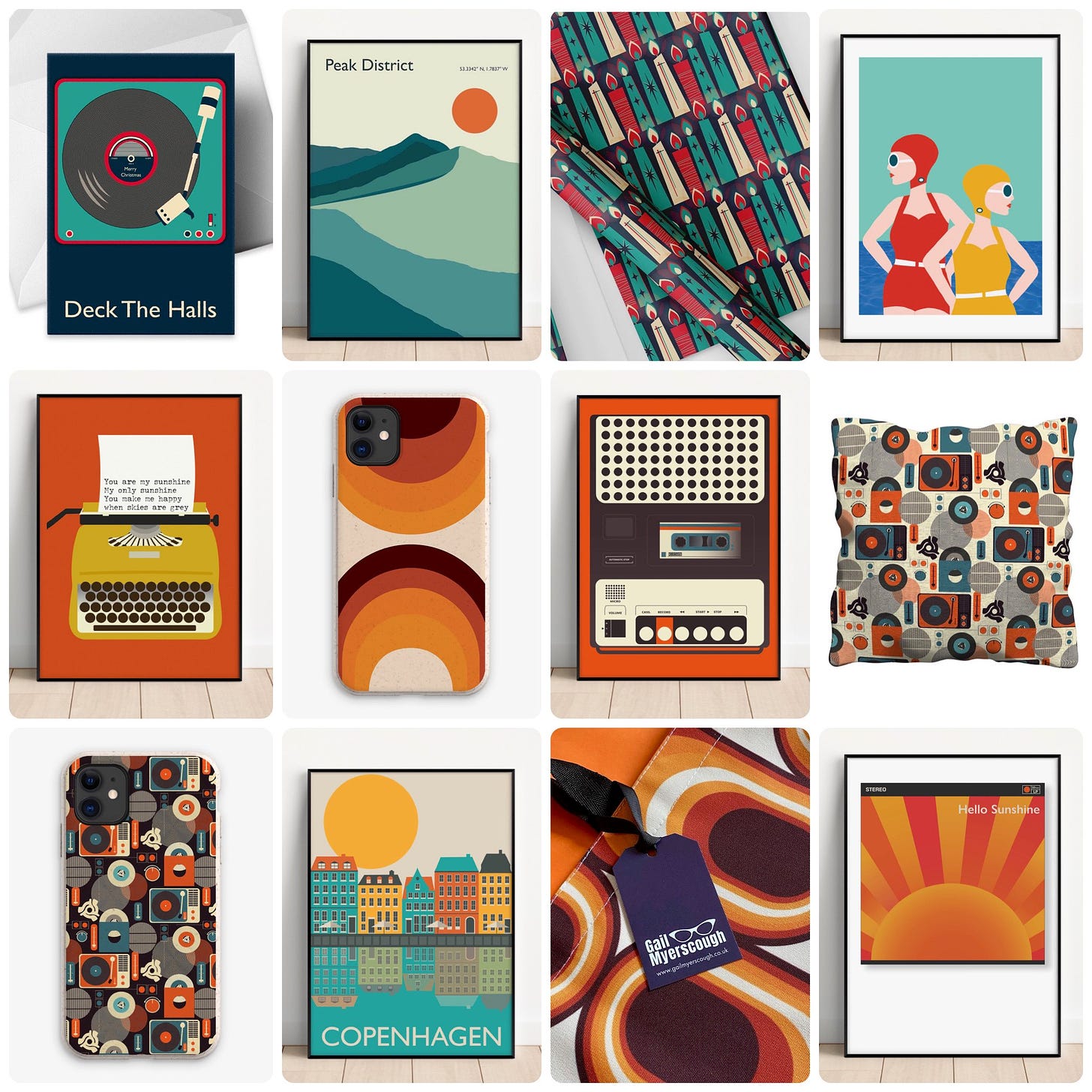 An image combining twelve of Gail's designs: cards, cushions, prints, posters, phone covers.