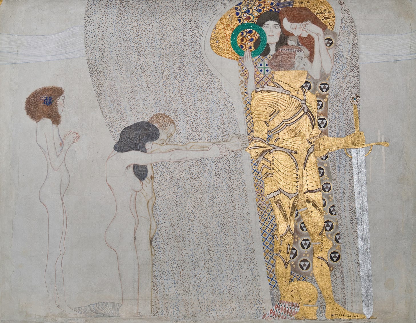 Beethovenfries; ‘Die Leiden der schwachen Menschheit’ und ‘Der wohlgerüstete Starke’ (Tafel 3, linke Langwand) (1901) by Gustav Klimt Beethovenfries; ‘Die Leiden der schwachen Menschheit’ und ‘Der wohlgerüstete Starke’ (Tafel 3, linke Langwand) (1901) by Gustav Klimt