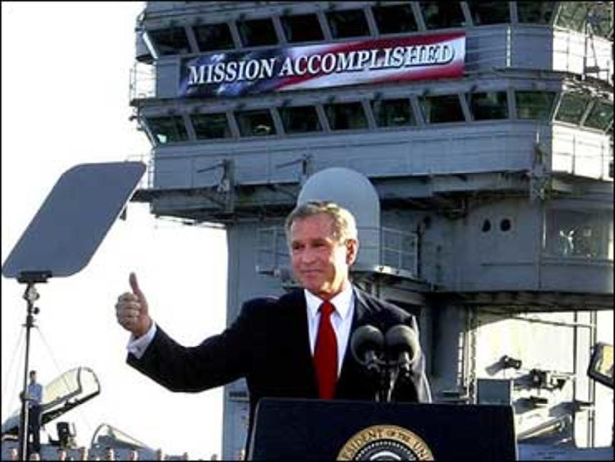 Image result from https://www.cbsnews.com/news/mission-accomplished-banner-could-go-on-display-at-bush-library/