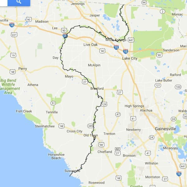 Florida Map showing winding path of Suwannee River from Georgia to the Gulf of Mexico.
