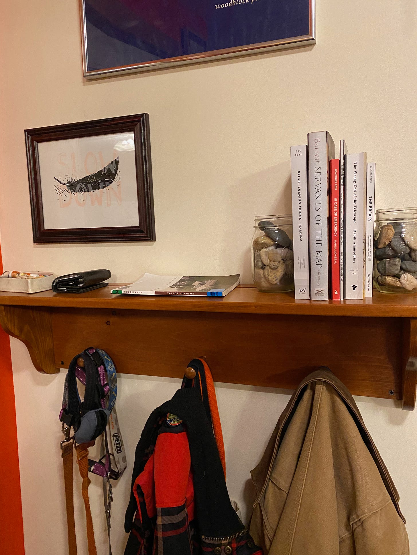 A wooden coat rack with three pegs and a shelf above is mounted on a white wall. The shelf holds a wallet, a library book on its side, and a stack of books held up with two glass jars full of rocks. A print of a feather hangs on the wall above the shelf, and several coats, vests, and dog leashes hang from the hooks.