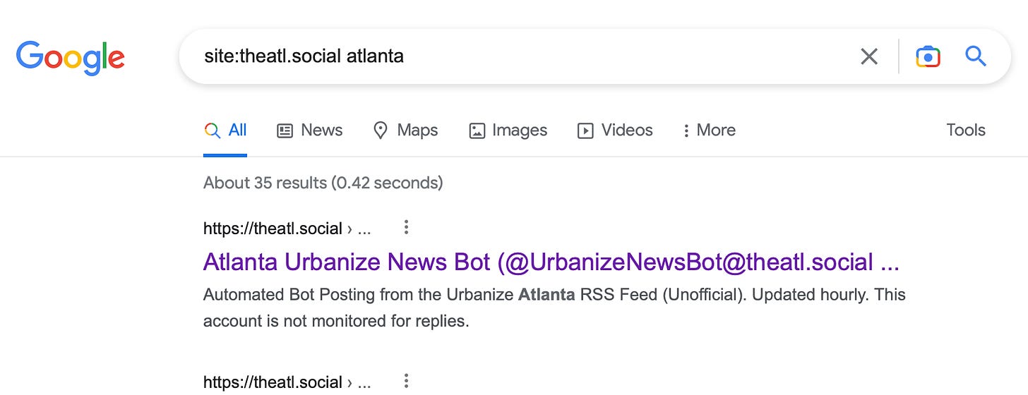 Example of using "site:theatl.social" option in the Google Search bar