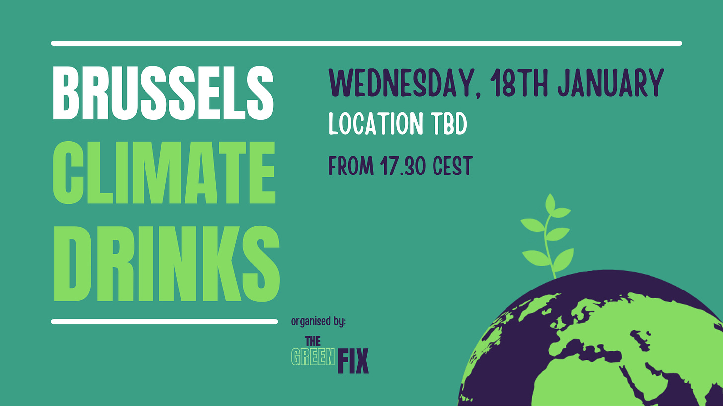 Graphic that says 'Brussels Climate Drinks. Wednesday 18th January. Location TBD. From 17h30. Organised by The Green Fix.'
