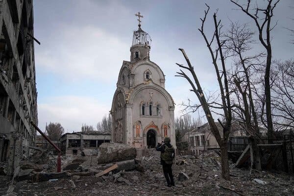 A church damaged by shelling in a residential area of Mariupol last week.