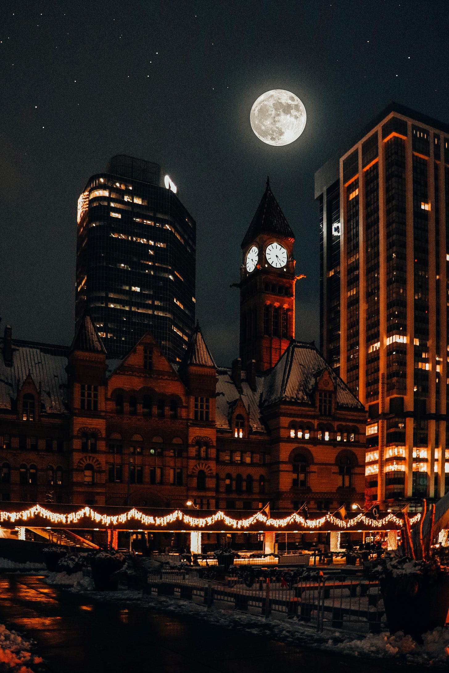 full moon, city lights