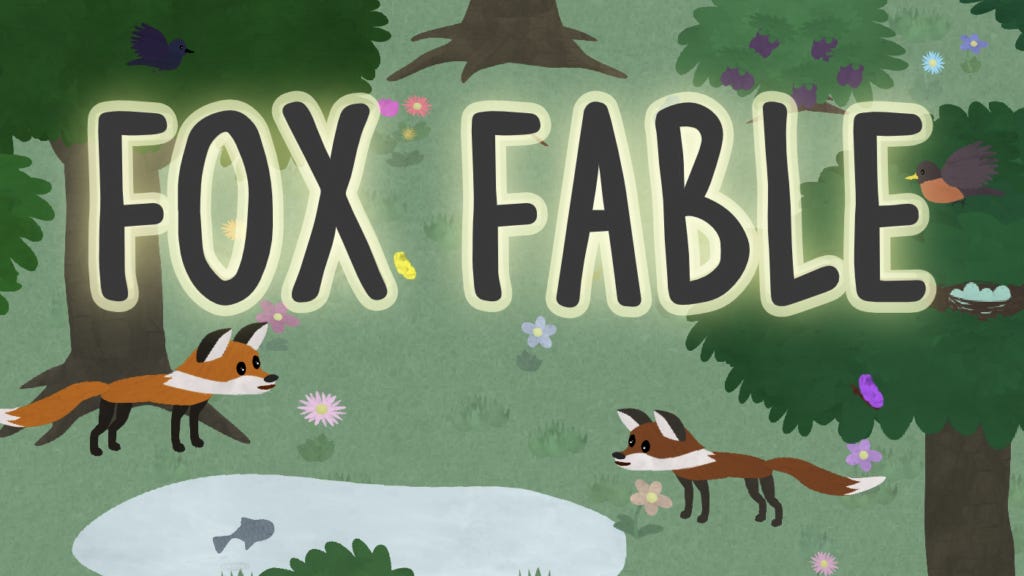 2D illustration of foxes in a forest scene