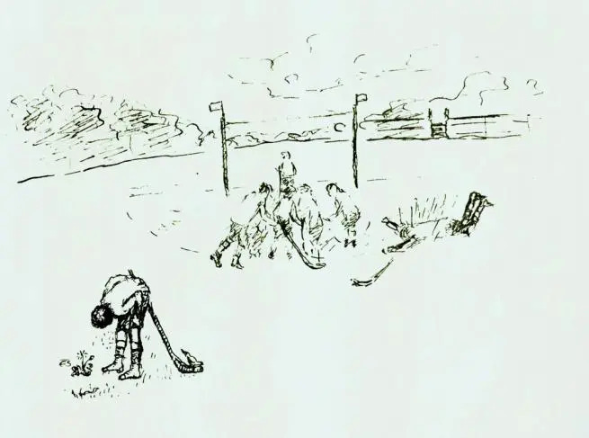 Line drawing of boys playing field hockey. One boy is off to the side, bending over and inspecting wild flowers.