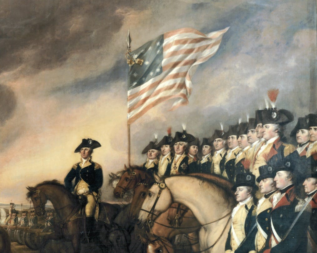Excerpt from "Surrender of General Cornwallis," by John Trumbull. The focus in this excerpt is on the flag flying above the troops.