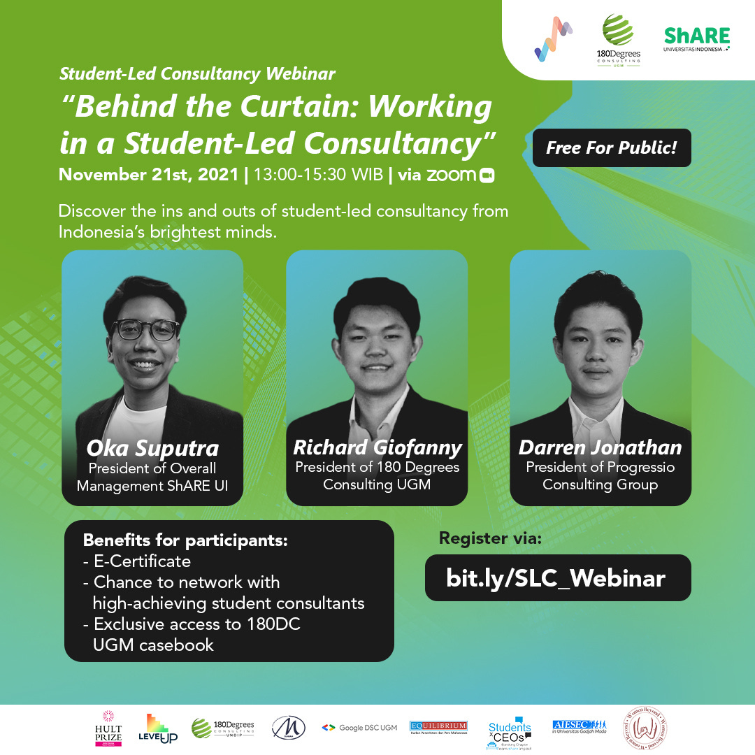 Webinar poster "Behind the Curtain: Working in a Student-Led Consultancy". Register through bit.ly/SLC_Webinar.