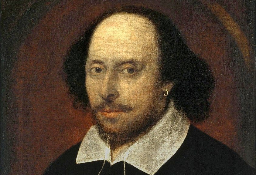 The Chandos portrait of William Shakespeare, picturing a blading man with long hair on the sides, an earring in his left ear, and a beard and mustache, clad in black with a white collar