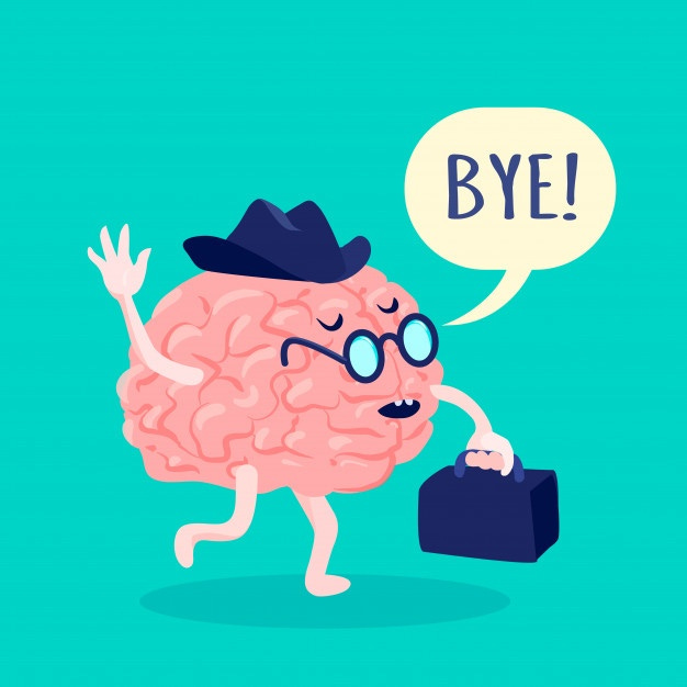Cerebro en sombrero y gafas diciendo adiós con maleta ilustración vectorial plana vector gratuito