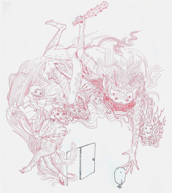a group of several oni bursting out of a door frame, surrounding a little bean person. The Oni are all in red ink, and swirl menacingly. The largest holds a large club, ready to grab the bean person. 