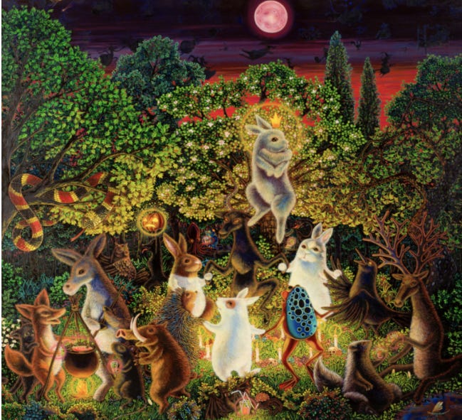 According to the artist, This painting references Francisco Goya’s “Witches’ Sabbath” and Richard Scarry’s “Woodland Animal Picnic Birthday Party”. The word “Panic” came from the god Pan, noted for causing terror and to whom woodland noses were attributed. While Pan is often associated with Satan due to his goatishness. And, like they said in Heavenly Creatures: “All the best people have bad chests and bone diseases!” – being a sickly child/adolescent drove me to the dark side and I like it here. In my mind, these witches’ familiars are dancing to the Smiths’ “Cemetery Gates." The image shows animal characters dancing at night amid trees under a pink moon. A cauldron bubbles at left.