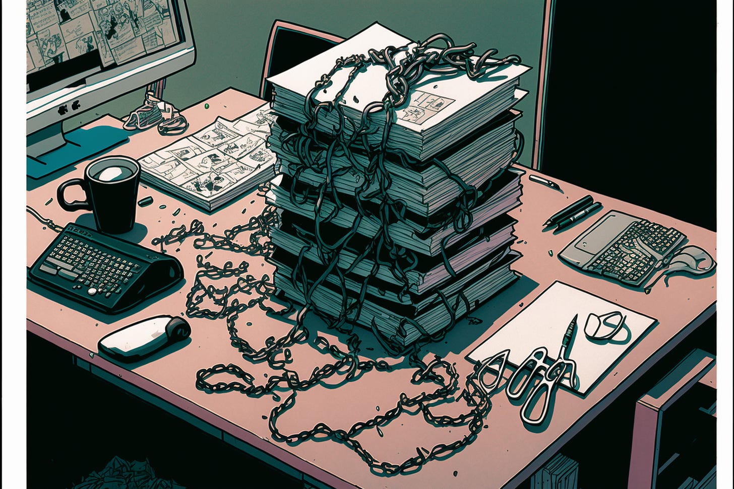 an office desk covered in chains, graphic novel