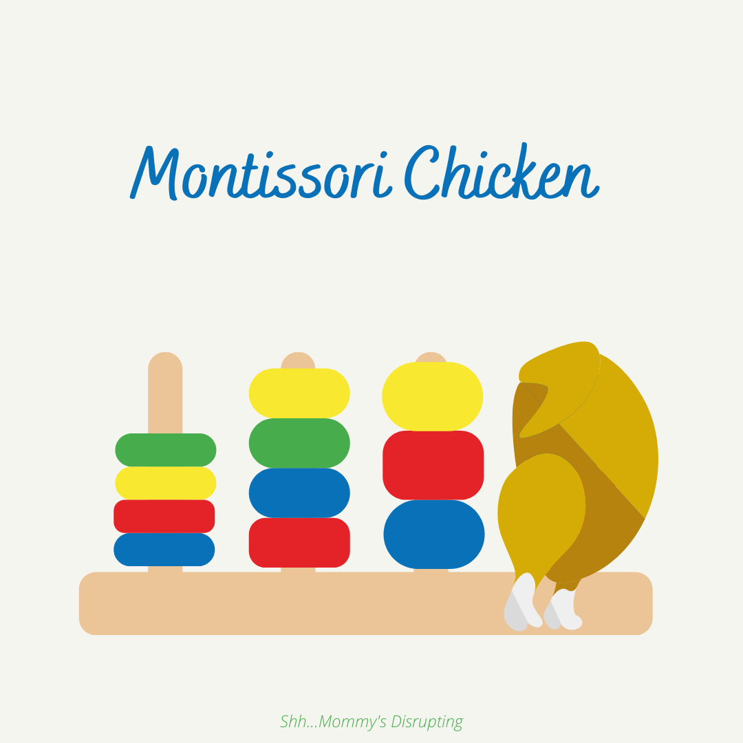 A toddler wooden stacking toy with a rotisserie chicken cooking on one of the spikes "Montissori Chicken"