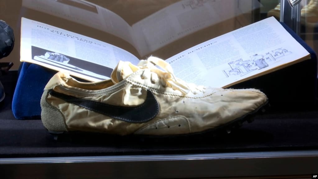 This image taken from video shows the Nike handmade Moon Shoe, designed by Nike co-founder Bill Bowerman in 1972. (AP Photo/Ted Shaffrey)