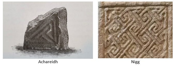 Photos of the Achareidh fragment and a key-pattern panel on the Nigg Stone set side by side. The Achareidh panel is a corner piece similar to a corner-piece of key pattern on the Nigg slab.
